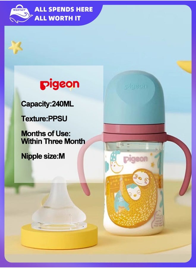 Wide-mouthed baby bottle made of PPSU material with painted patterns and double handles