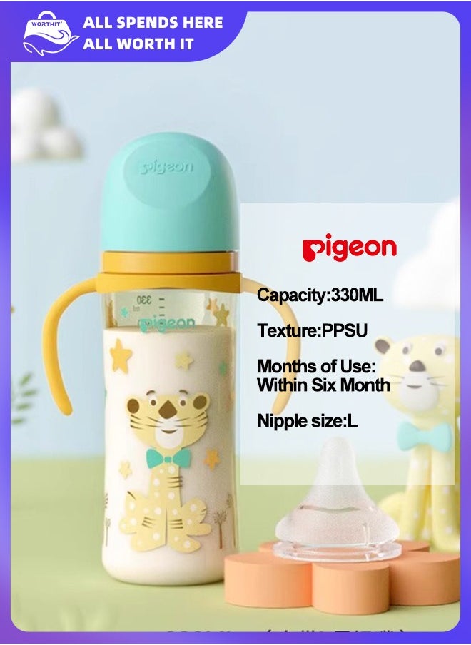 Wide-mouthed baby bottle made of PPSU material with painted patterns and double handles