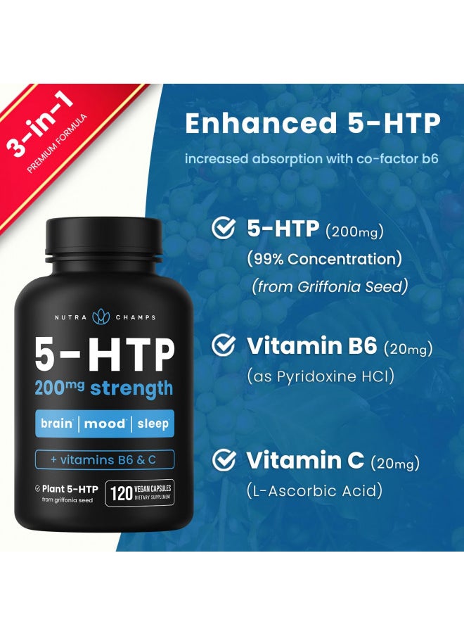 5-HTP 200mg | 120 Vegan Capsules | 5 HTP Supplement to Support Stress Relief, Brain Health, Enhanced Mood, Sleep & Serotonin | Pure 5HTP 100mg Pills Plus Co-Factors Vitamin B6 & Vitamin C