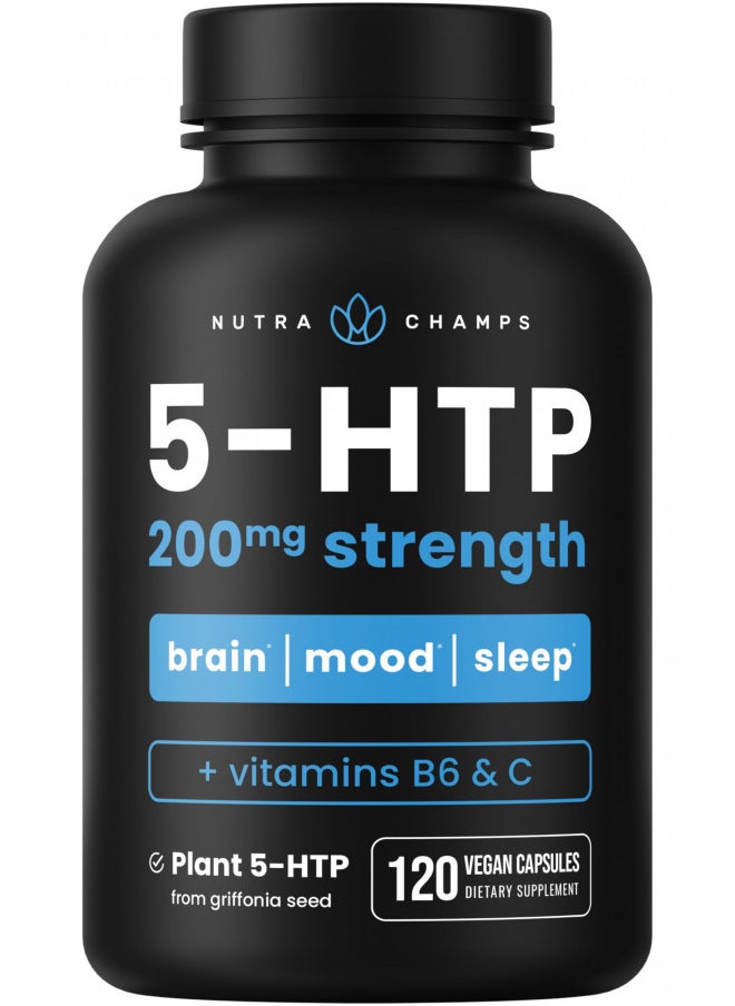 5-HTP 200mg | 120 Vegan Capsules | 5 HTP Supplement to Support Stress Relief, Brain Health, Enhanced Mood, Sleep & Serotonin | Pure 5HTP 100mg Pills Plus Co-Factors Vitamin B6 & Vitamin C