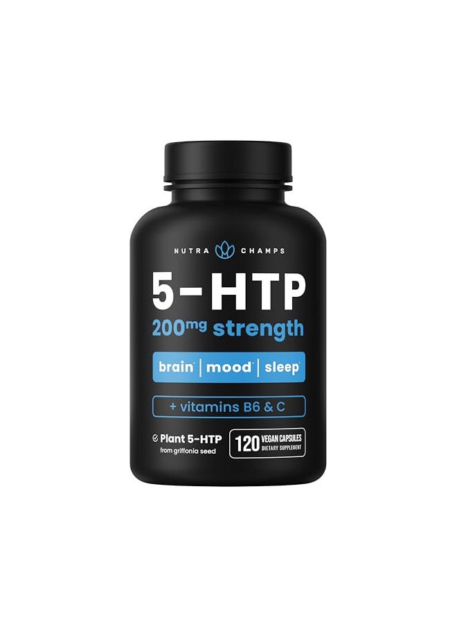 5-HTP 200mg | 120 Vegan Capsules | 5 HTP Supplement to Support Stress Relief, Brain Health, Enhanced Mood, Sleep & Serotonin | Pure 5HTP 100mg Pills Plus Co-Factors Vitamin B6 & Vitamin C