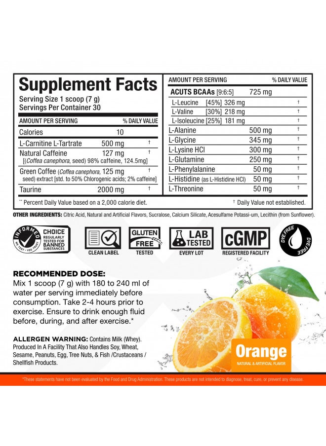 ALLMAX A:CUTS Amino-Charged Energy Drink, Orange - 210 g - with Caffeine, Green Coffee Extract, L-Carnitine & 2000 mg of Taurine - Sugar & Gluten Free - 30 Servings