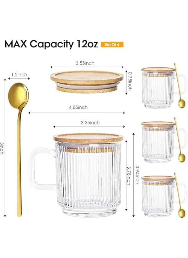 Glass Coffee Mugs, Espresso Cups Set of 4 for Coffee Bar Accessories, Clear Coffee Mug, 330ML Glass Coffee Cups with Lids and Spoon, Cute Ribbed Glassware Set for Latte, Cappuccino