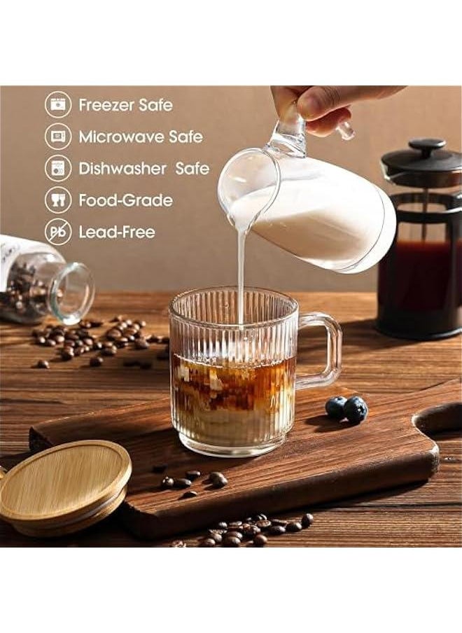 Glass Coffee Mugs, Espresso Cups Set of 4 for Coffee Bar Accessories, Clear Coffee Mug, 330ML Glass Coffee Cups with Lids and Spoon, Cute Ribbed Glassware Set for Latte, Cappuccino