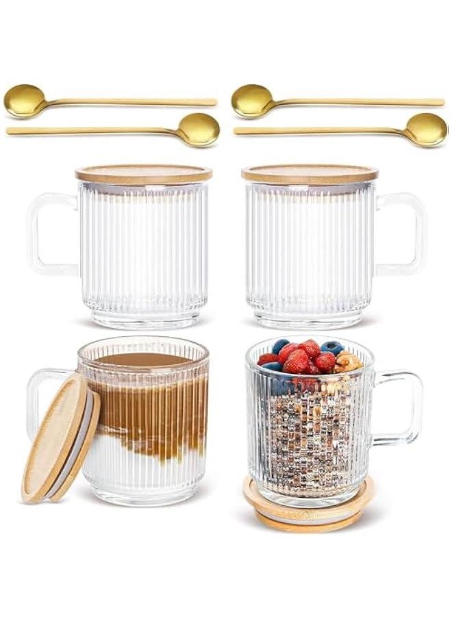 Glass Coffee Mugs, Espresso Cups Set of 4 for Coffee Bar Accessories, Clear Coffee Mug, 330ML Glass Coffee Cups with Lids and Spoon, Cute Ribbed Glassware Set for Latte, Cappuccino