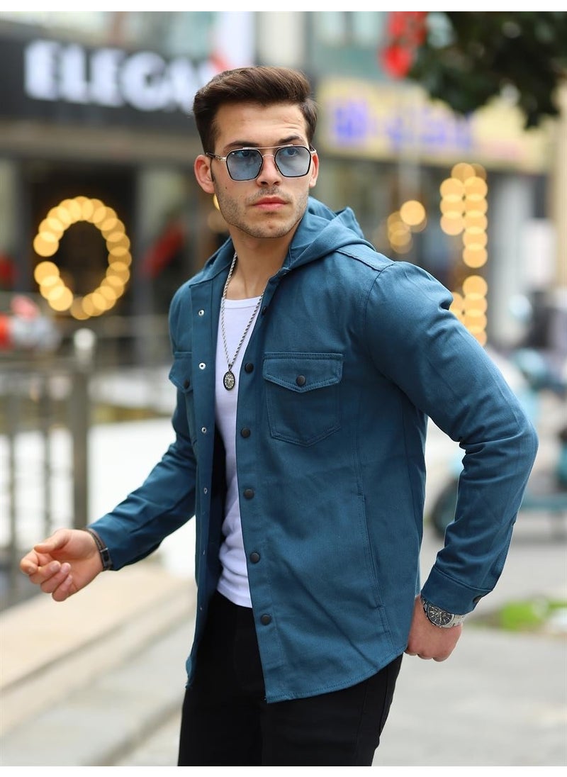 Petrol Color Hooded Denim Jacket