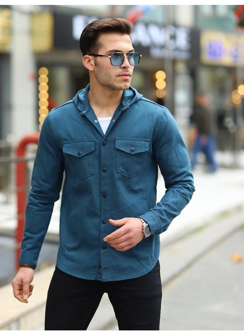 Petrol Color Hooded Denim Jacket