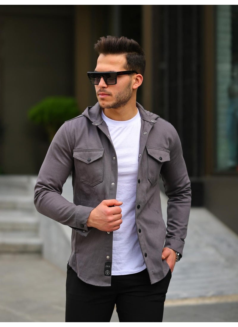 Anthracite Color Hooded Denim Jacket