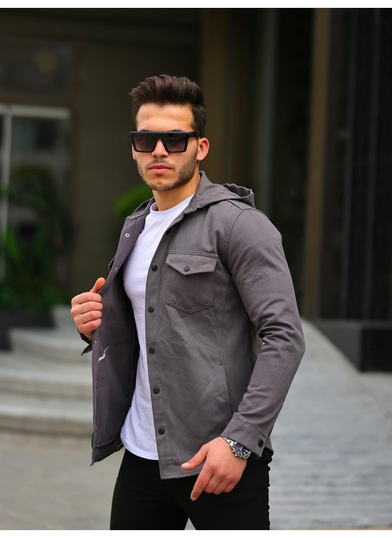 Anthracite Color Hooded Denim Jacket