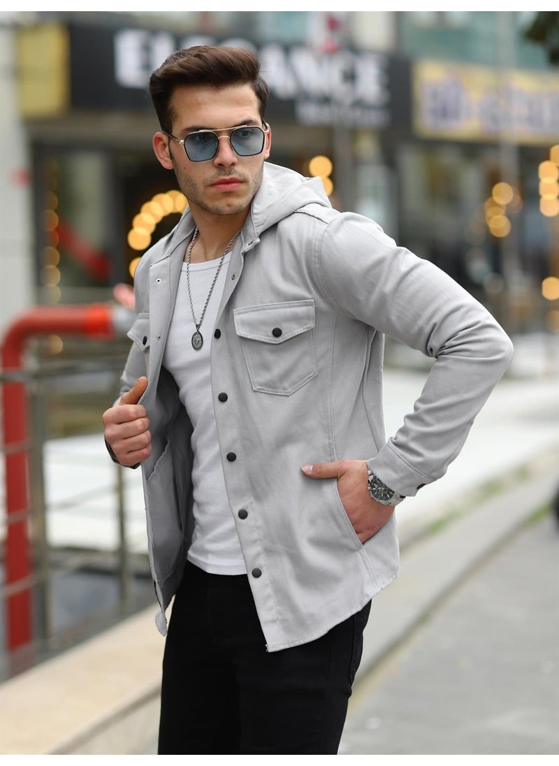 Gray Color Hooded Denim Jacket