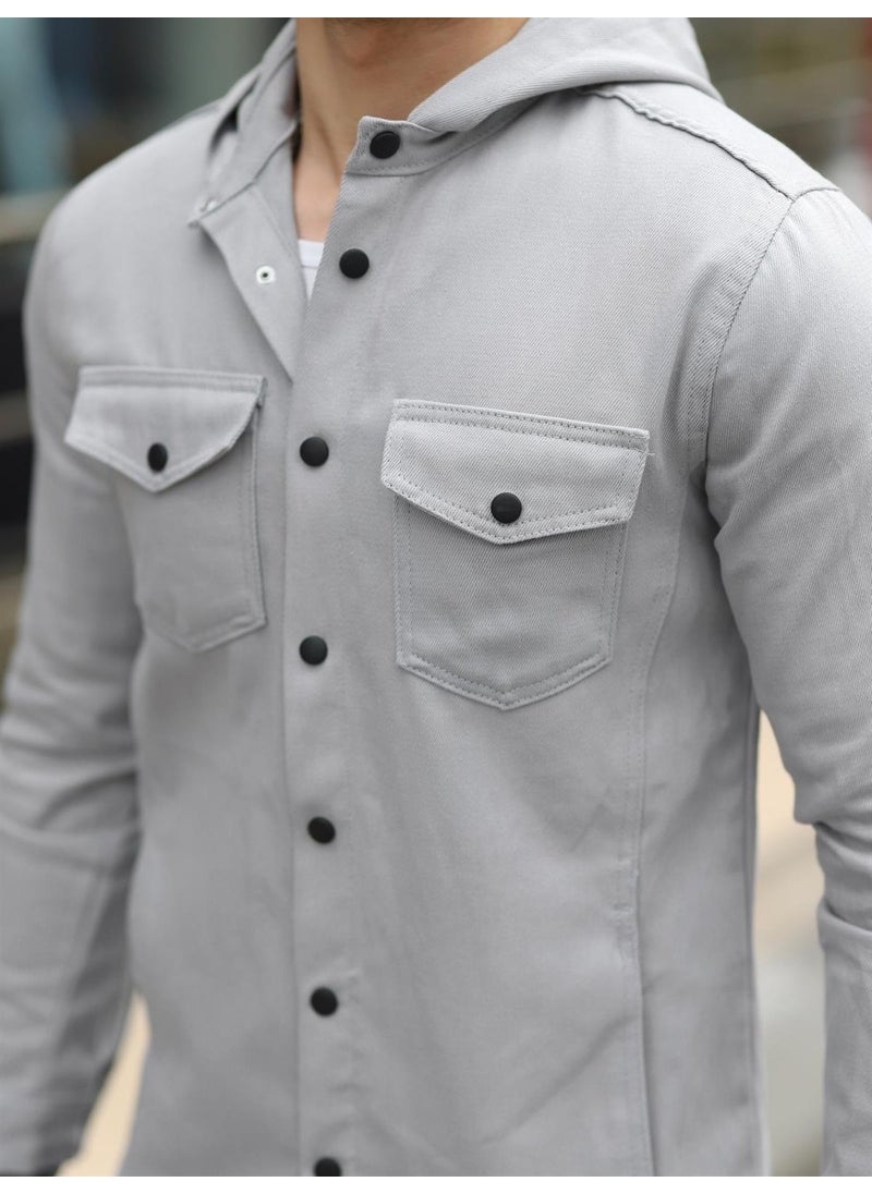 Gray Color Hooded Denim Jacket