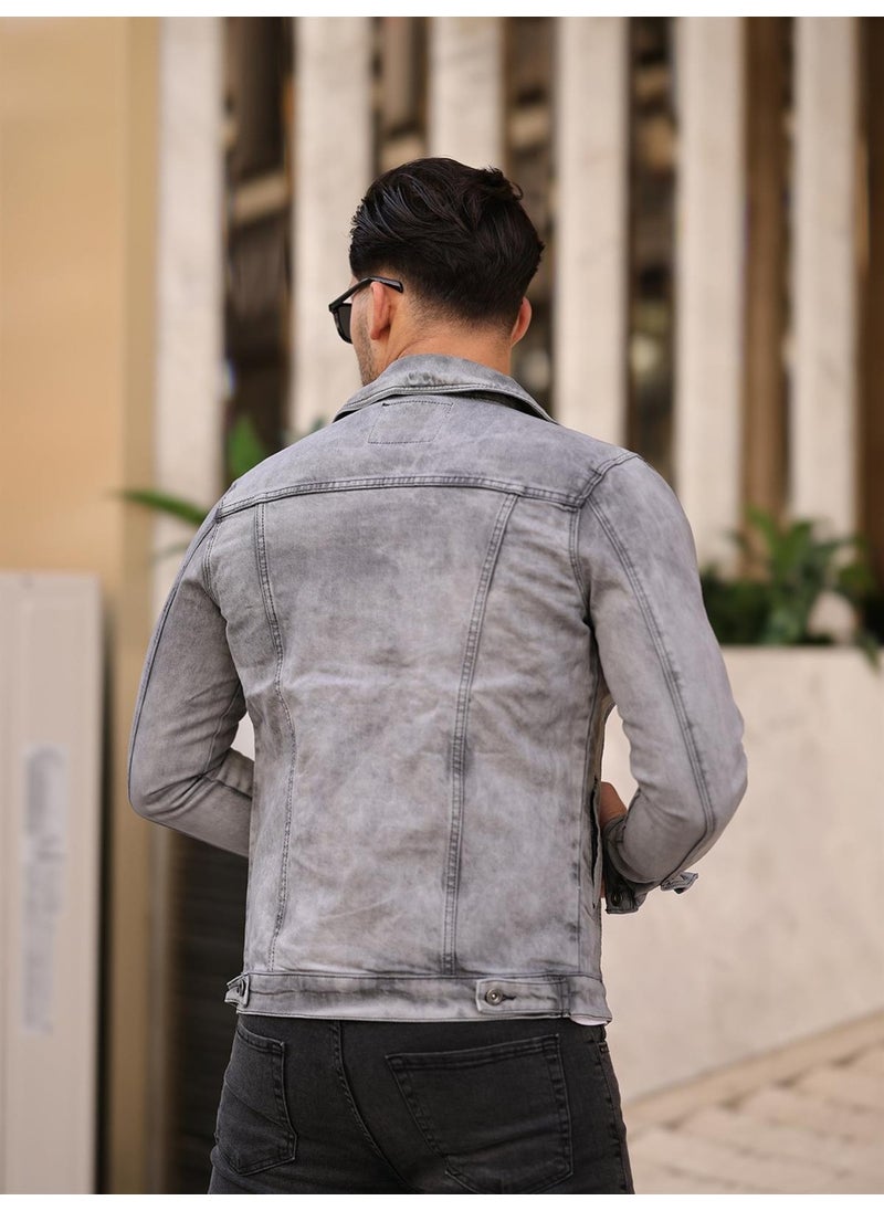 Gray Color Distressed Denim Jacket