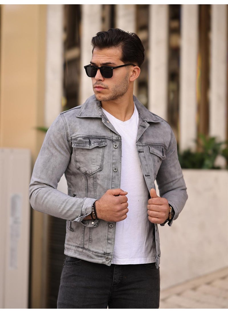 Gray Color Distressed Denim Jacket