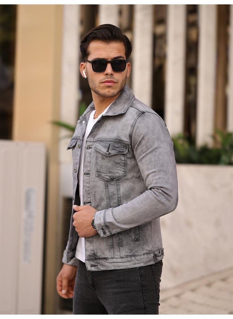 Gray Color Distressed Denim Jacket