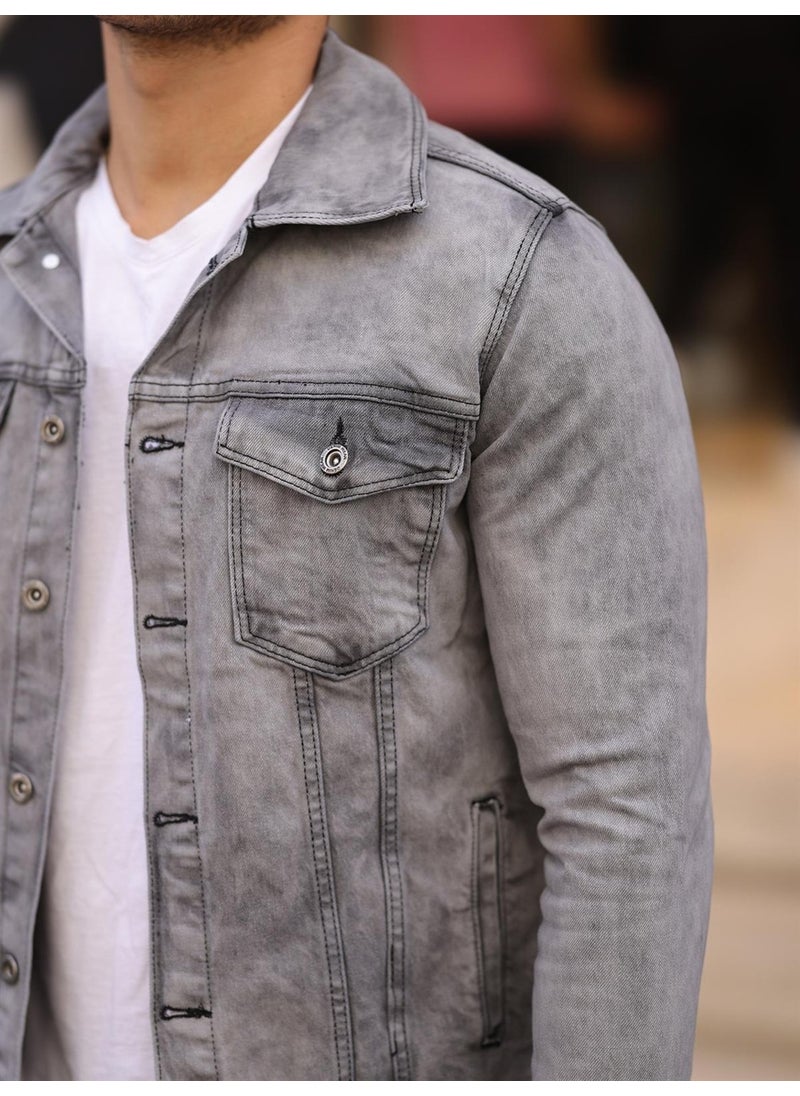 Gray Color Distressed Denim Jacket