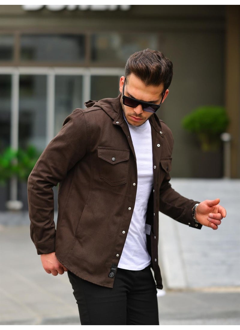 Dark Brown Hooded Denim Jacket