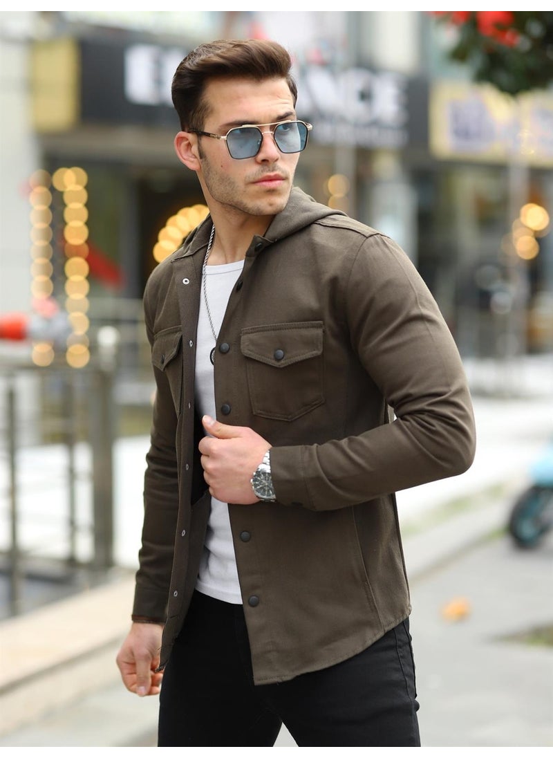 Khaki Color Hooded Denim Jacket