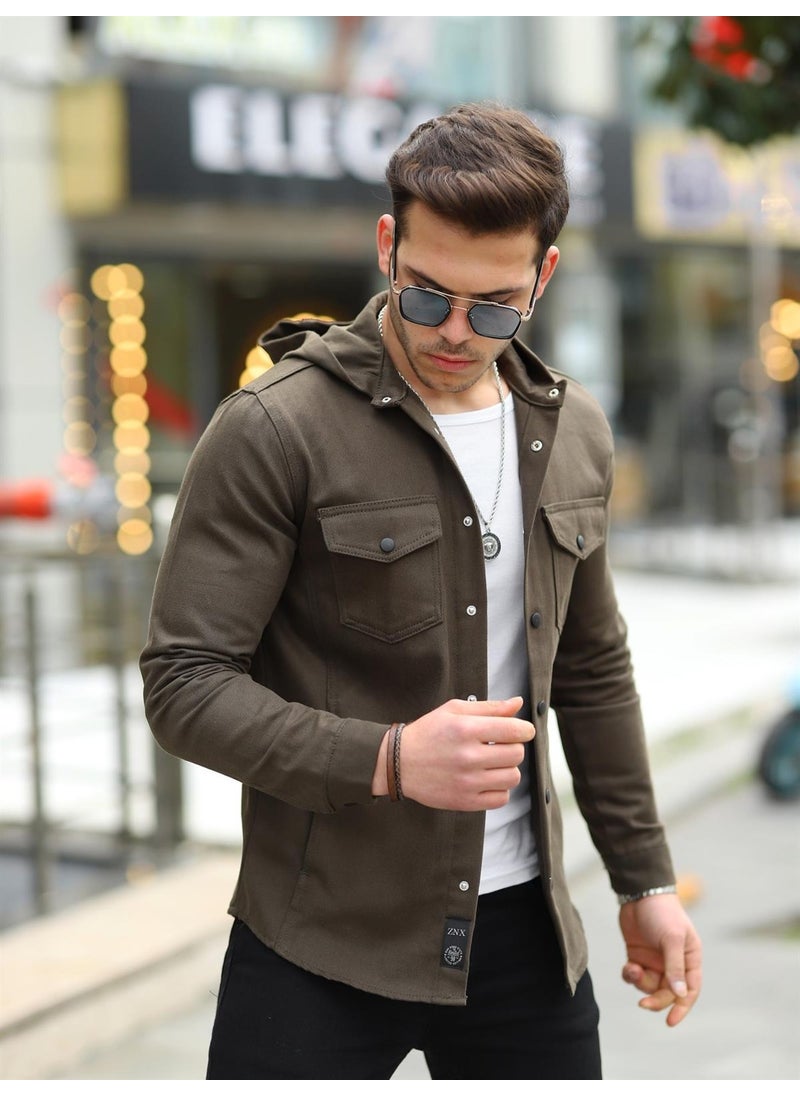 Khaki Color Hooded Denim Jacket