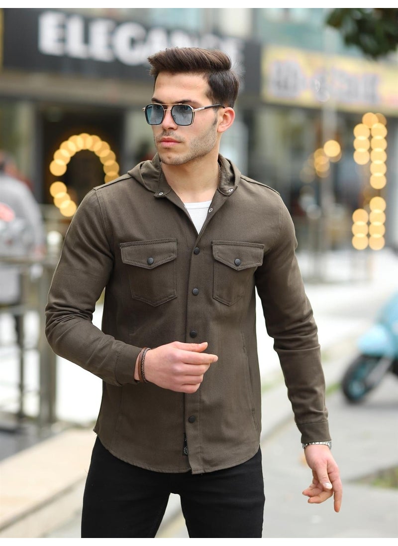 Khaki Color Hooded Denim Jacket