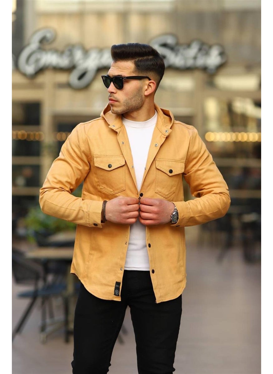 Light Mustard Color Hooded Denim Jacket