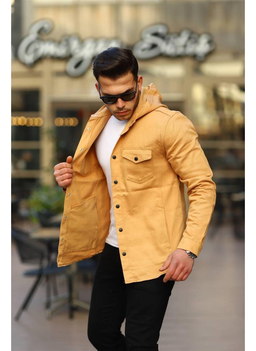 Light Mustard Color Hooded Denim Jacket