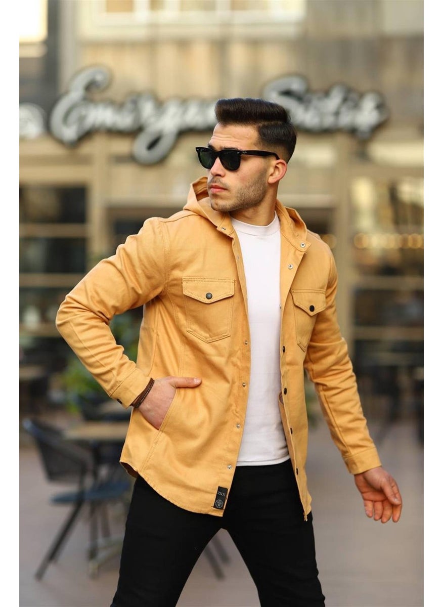 Light Mustard Color Hooded Denim Jacket