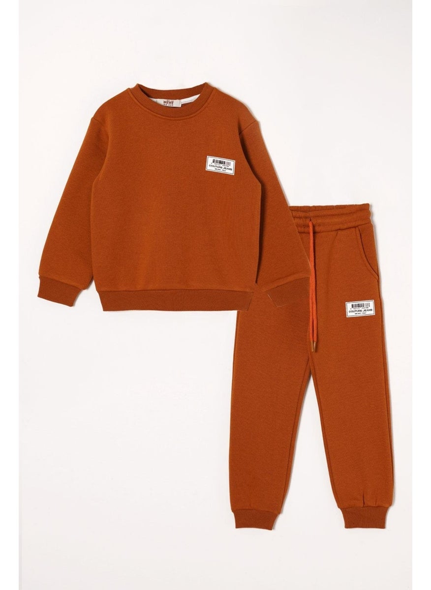 Cinnamon Color Boy's Tracksuit with Emblem Detail