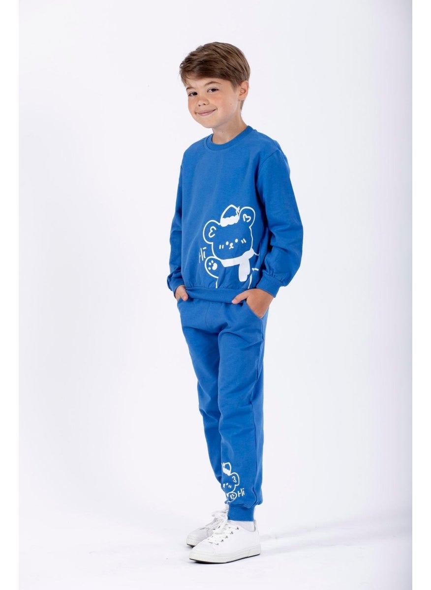 Hat and Bear Printed Saxe Color Boy Tracksuit