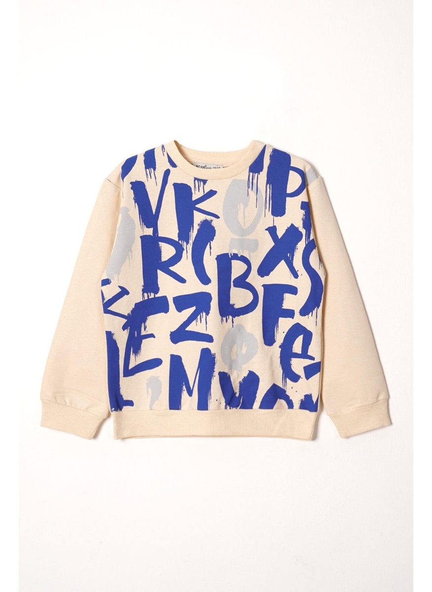 Crew Neck Letter Printed Saxe Color Boy's Tracksuit