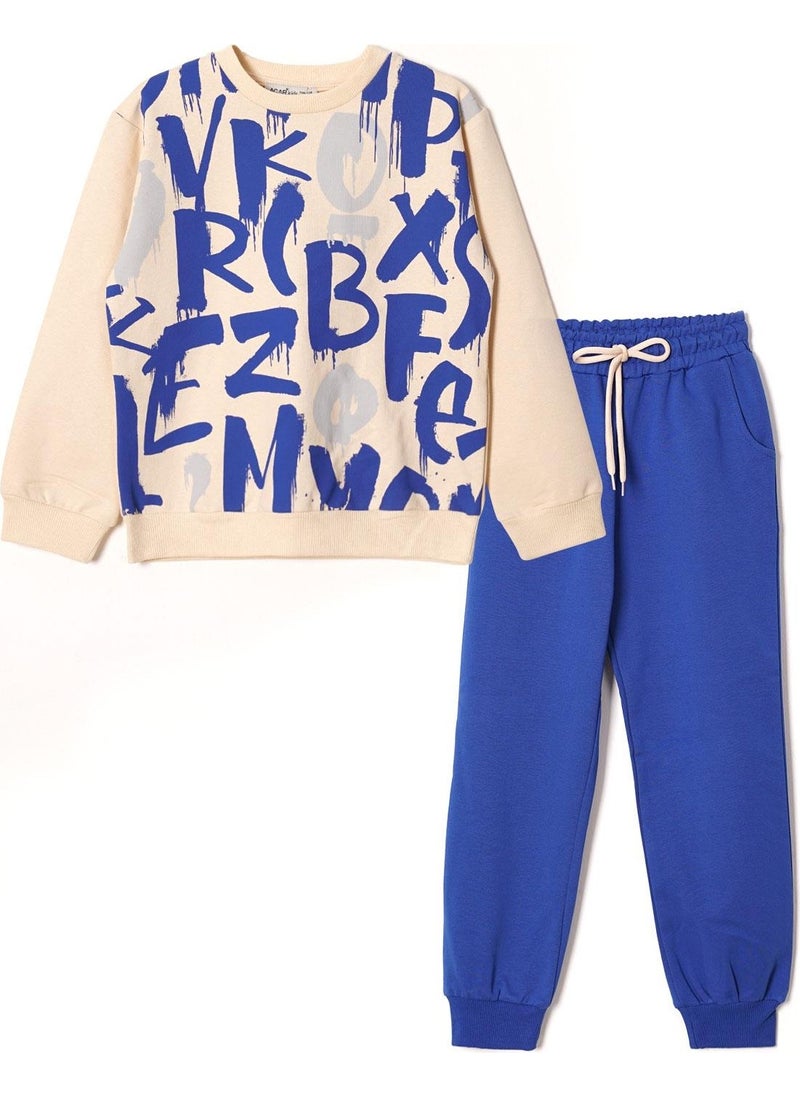 Crew Neck Letter Printed Saxe Color Boy's Tracksuit