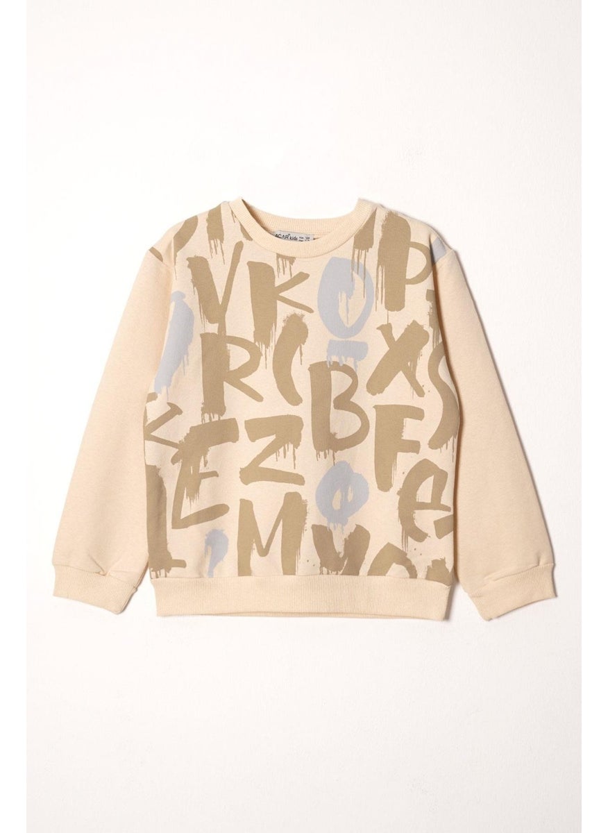 Crew Neck Letter Printed Beige Color Boy Tracksuit