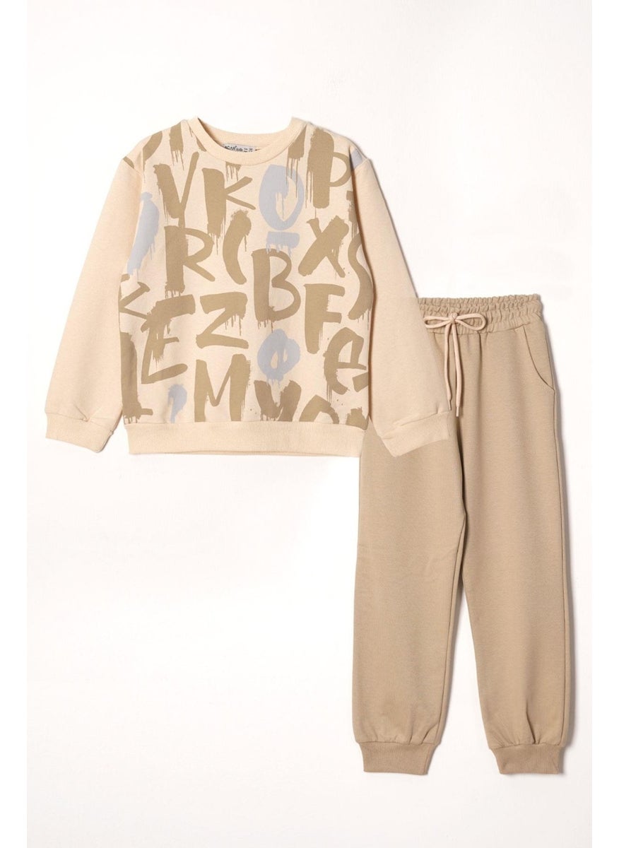 Crew Neck Letter Printed Beige Color Boy Tracksuit