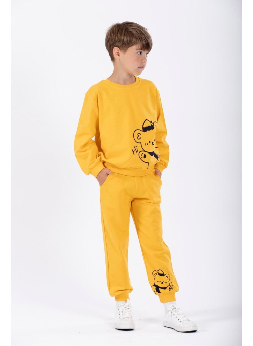 Hat and Bear Printed Mustard Color Boy Tracksuit