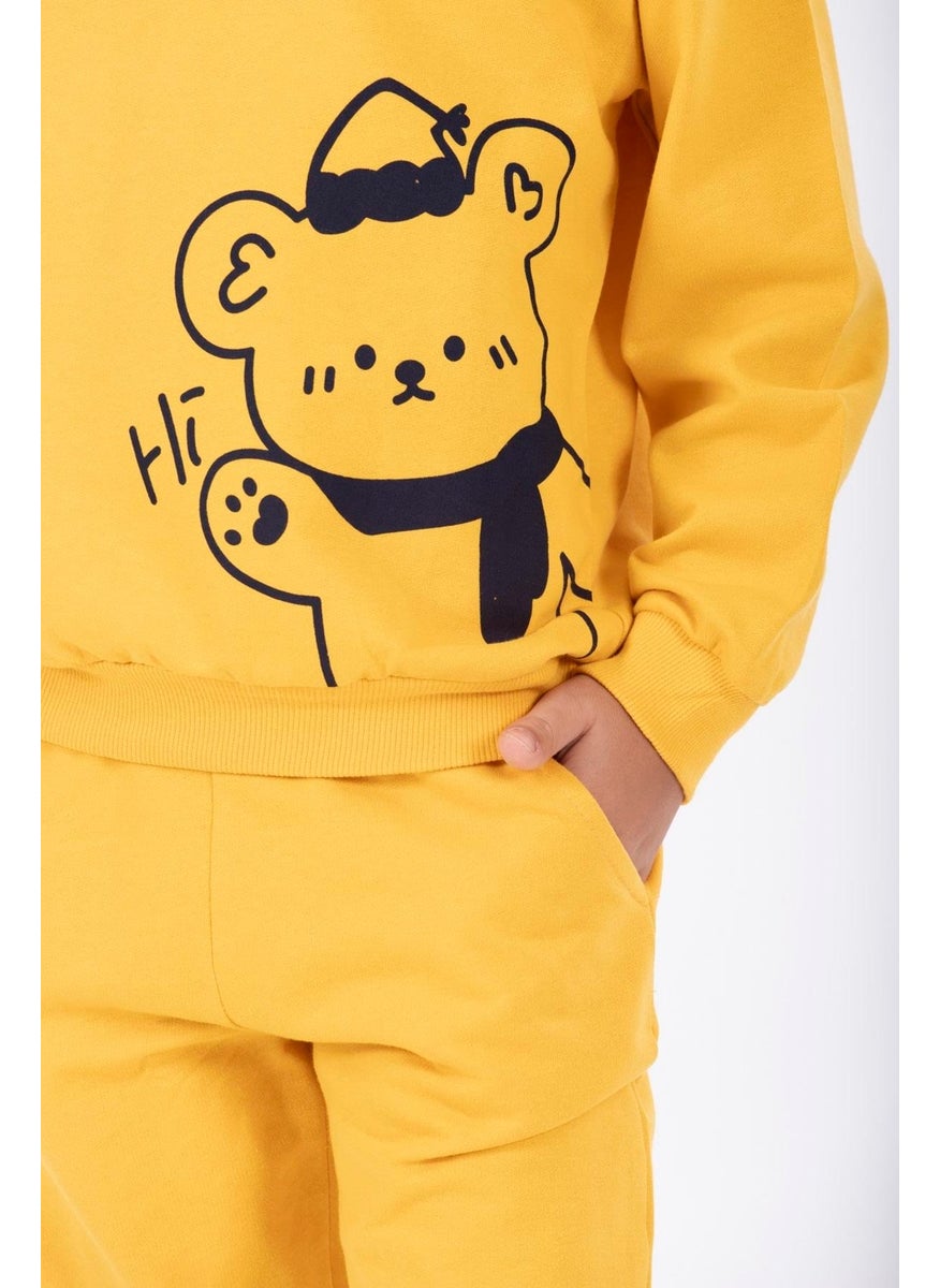 Hat and Bear Printed Mustard Color Boy Tracksuit