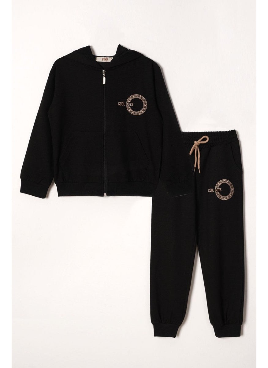 Letter Printed Hooded Black Color Zippered Boys Tracksuit