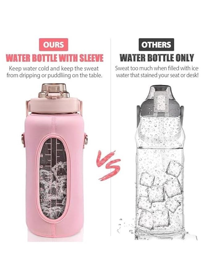 Half Gallon Water Bottle With Sleeve 64oz (2L) Inspirational Water Bottle With Straw and Time Stamp, Drinkable Leak-Proof Tritan BPA-Free Bottle, Large Water Jug for Gym,Sports Bottles (pink)