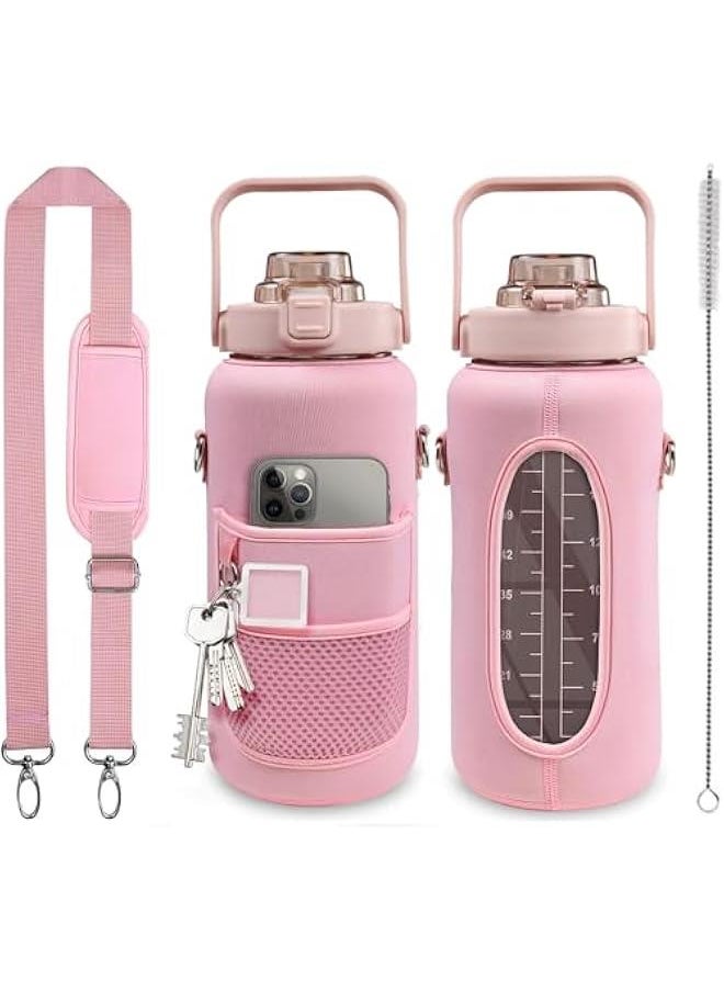 Half Gallon Water Bottle With Sleeve 64oz (2L) Inspirational Water Bottle With Straw and Time Stamp, Drinkable Leak-Proof Tritan BPA-Free Bottle, Large Water Jug for Gym,Sports Bottles (pink)