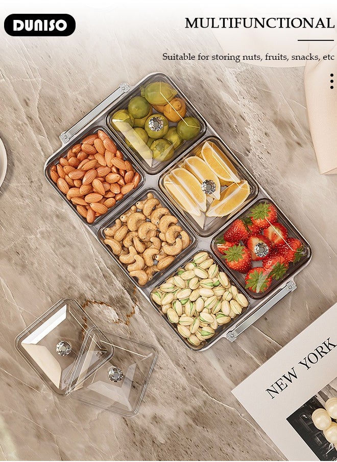 Snack Serving Tray with Lid 6 Clear Candy and Nut Serving Container set with Metal Rack,Snack Serving Platter Plastic Appetizer Platter Relish Storage Organizer Plate Food Display Bowls for Vegetables Candy Fruit Dips