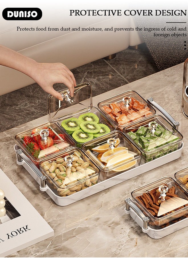 Snack Serving Tray with Lid 6 Clear Candy and Nut Serving Container set with Metal Rack,Snack Serving Platter Plastic Appetizer Platter Relish Storage Organizer Plate Food Display Bowls for Vegetables Candy Fruit Dips