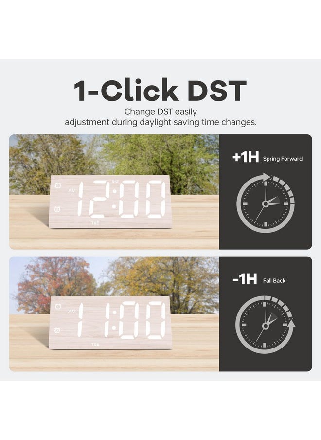 Wooden Digital Alarm Clocks For Bedrooms, Large Bold Digits Electric Desk Clock, With Dual Alarm, Usb Port, Dst, Auto Dimmer For Wood Decor, Bedside, Gift (White)