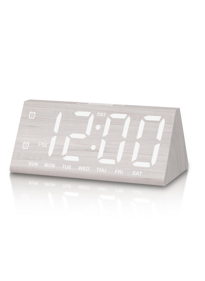 Wooden Digital Alarm Clocks For Bedrooms, Large Bold Digits Electric Desk Clock, With Dual Alarm, Usb Port, Dst, Auto Dimmer For Wood Decor, Bedside, Gift (White)