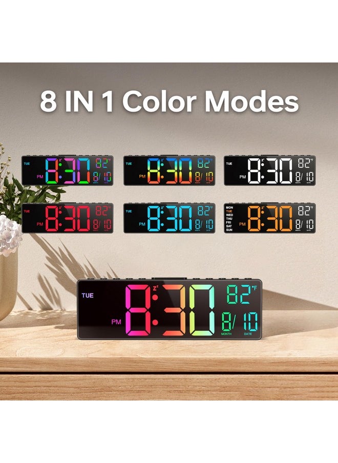 10.5'' Digital Large Alarm Clock With 8-In-1 Rgb Colors, Date, Month, Temperature Led Display, Auto Dst, Modern Decor Design For Desk, Wall, Living Room, Bedroom, Gift, Yougster And Elderly