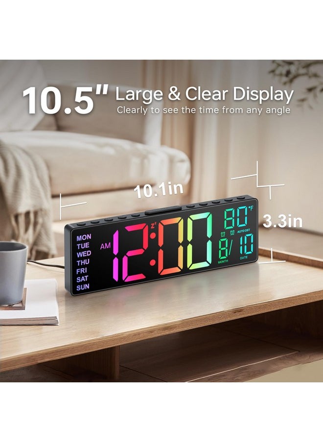 10.5'' Digital Large Alarm Clock With 8-In-1 Rgb Colors, Date, Month, Temperature Led Display, Auto Dst, Modern Decor Design For Desk, Wall, Living Room, Bedroom, Gift, Yougster And Elderly