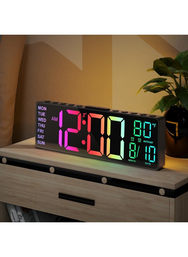 10.5'' Digital Large Alarm Clock With 8-In-1 Rgb Colors, Date, Month, Temperature Led Display, Auto Dst, Modern Decor Design For Desk, Wall, Living Room, Bedroom, Gift, Yougster And Elderly