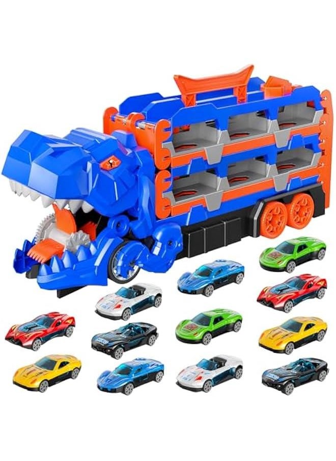 Dinosaur Race Track Toys for Ages 3-4 4-6, 59-inches Transport Dinosaur Truck with 12 Die-cast Cars, Carrier Truck Toy Birthday Gifts Toys for 3 4 5 6 Year Old Boy