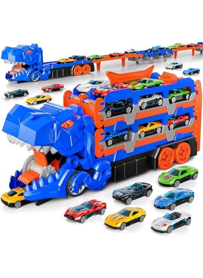 Dinosaur Race Track Toys for Ages 3-4 4-6, 59-inches Transport Dinosaur Truck with 12 Die-cast Cars, Carrier Truck Toy Birthday Gifts Toys for 3 4 5 6 Year Old Boy