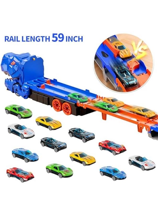 Dinosaur Race Track Toys for Ages 3-4 4-6, 59-inches Transport Dinosaur Truck with 12 Die-cast Cars, Carrier Truck Toy Birthday Gifts Toys for 3 4 5 6 Year Old Boy