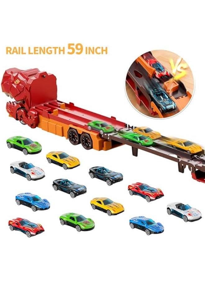 iHaHa Dinosaur Race Track Toys for Ages 3-4 4-6, 59-inches Transport Dinosaur Truck with 12 Die-cast Cars, Carrier Truck Toy Birthday Gifts Toys for 3 4 5 6 Year Old Boy