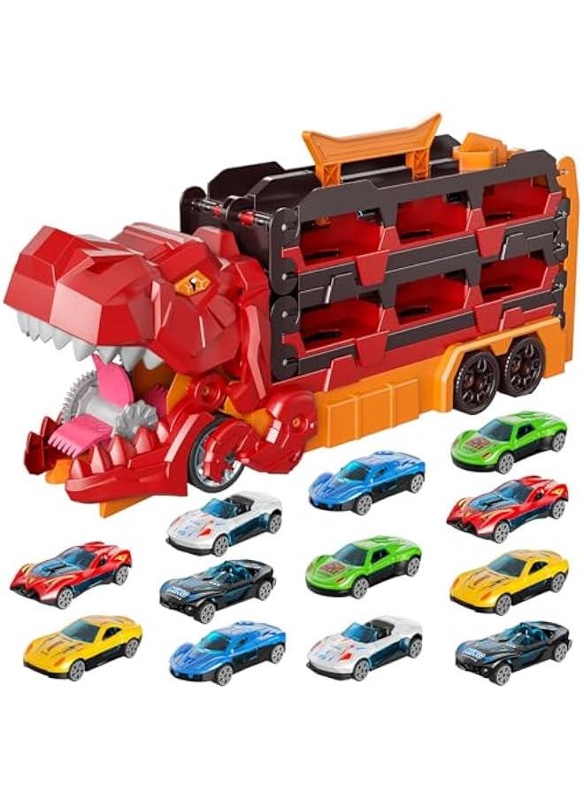 iHaHa Dinosaur Race Track Toys for Ages 3-4 4-6, 59-inches Transport Dinosaur Truck with 12 Die-cast Cars, Carrier Truck Toy Birthday Gifts Toys for 3 4 5 6 Year Old Boy