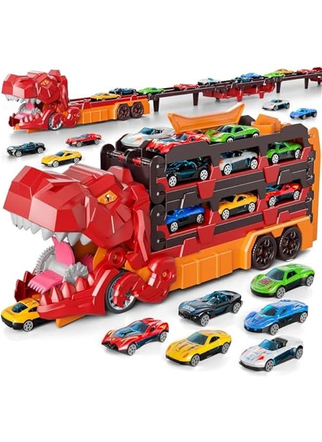 iHaHa Dinosaur Race Track Toys for Ages 3-4 4-6, 59-inches Transport Dinosaur Truck with 12 Die-cast Cars, Carrier Truck Toy Birthday Gifts Toys for 3 4 5 6 Year Old Boy